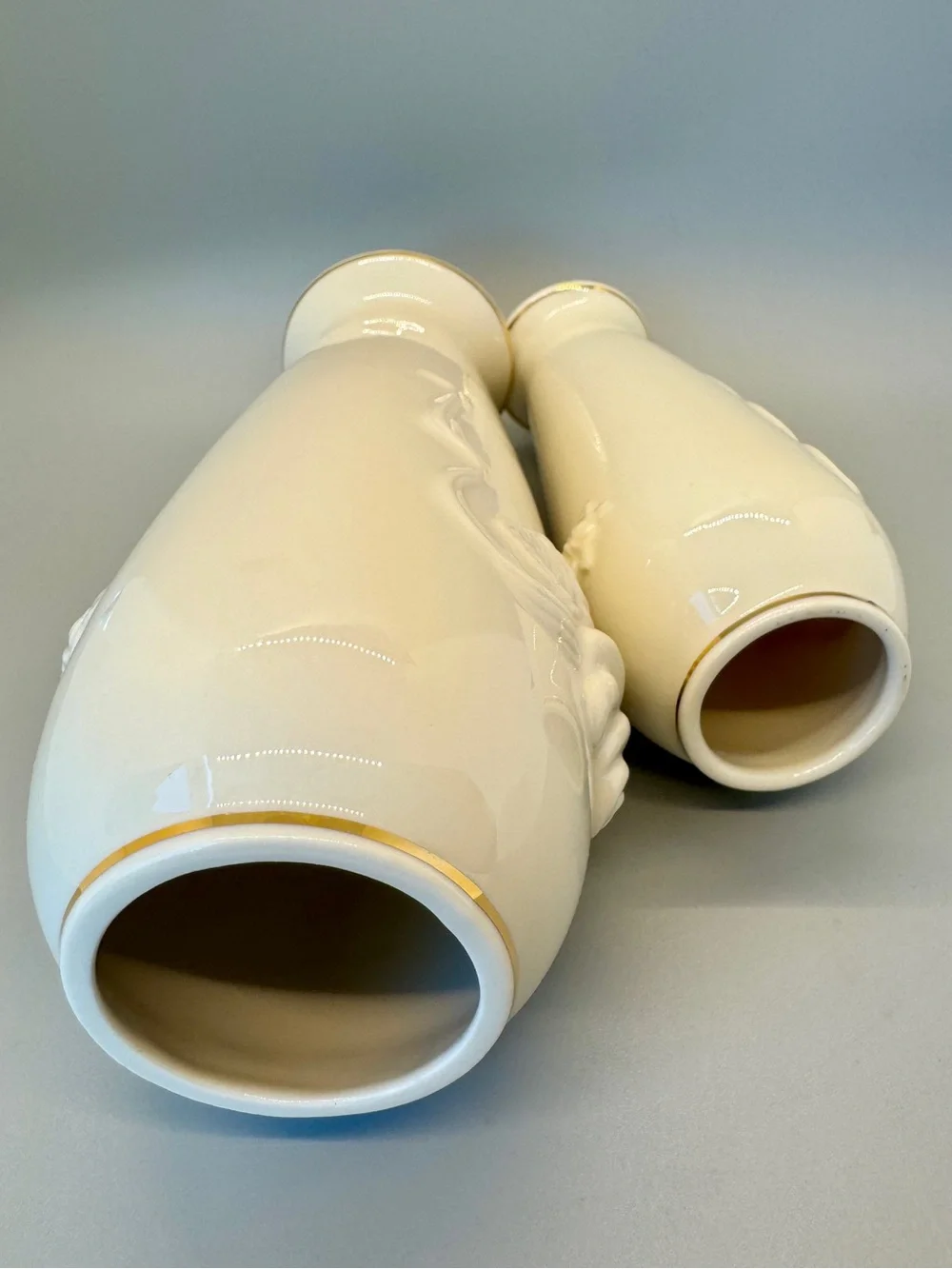 EUC vintage Lenox ivory porcelain bud vases w/embossed rose designs & gold trim